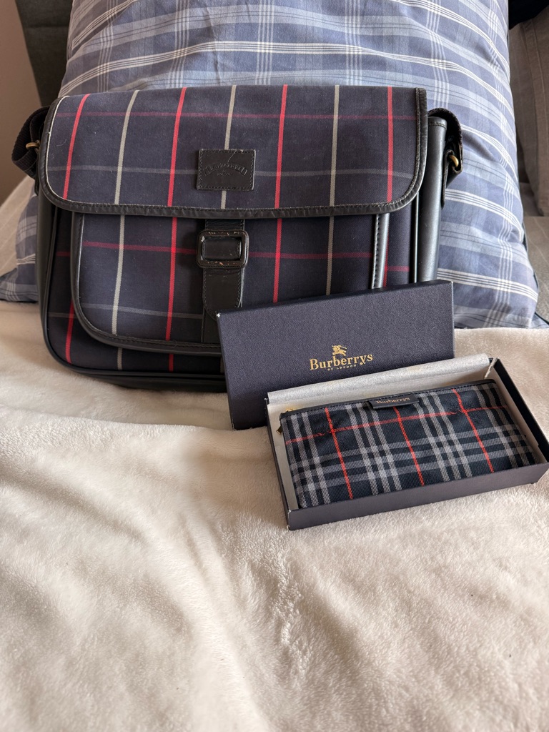 Vintage Burberry's Nova Check Messenger Bag Pre-1999 And Soft Wallet Case